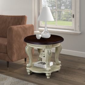 22'' Two Tone Round End Table,Solid Wood Sofa Side Table with Shelf,Living Room Corner Table Easy Assemble