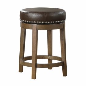 Round Swivel Counter Height Stools Set of 2, Brown Faux Leather 360-degree Swivel Seat Nailhead Trim Solid Wood Frame Brown Finish Furniture