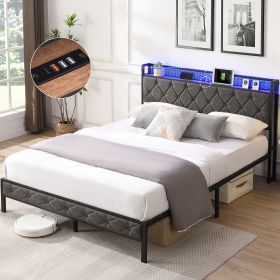 Queen Bed Frame with Storage Headboard, Charging Station and LED Lights, Upholstered Platform Bed with Heavy Metal Slats, No Box Spring Needed