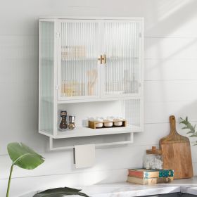 23.62"Glass Doors Modern Two-door Wall Cabinet with Featuring Two-tier Enclosed Storage, an Open Shelf, and Towel Rack, for Entryway Living Room Bathr