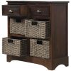 Rustic Storage Cabinet with Two Drawers and Four Classic Rattan Basket for Dining Room/Living Room (Espresso)